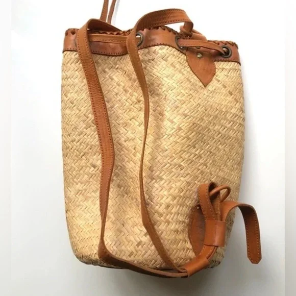 Anthropologie Street Level Boho Backpack Rattan Leather Tassels Circle Bag NWOT - Picture 9 of 10